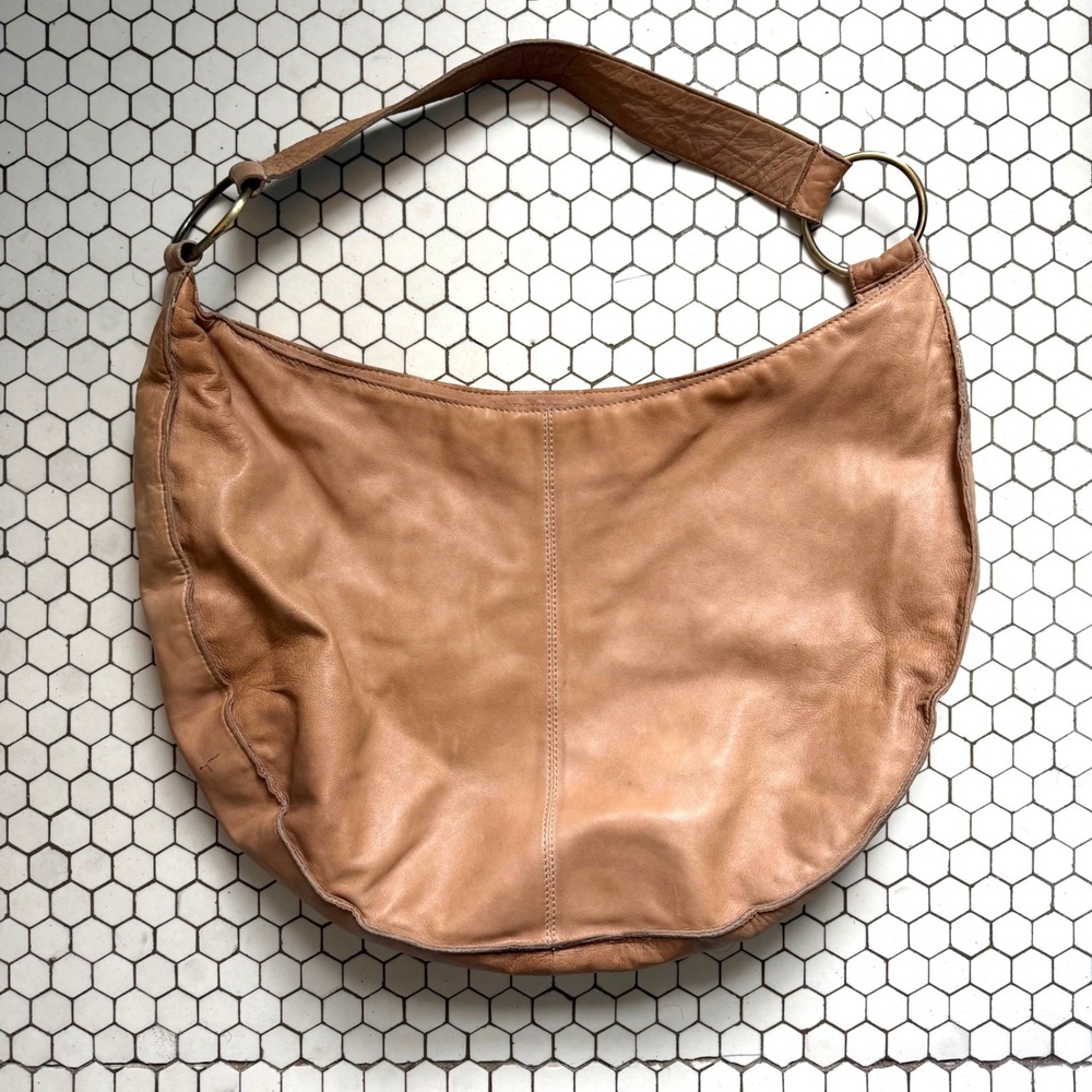 Anthropologie Tan Leather Slouchy Hobo Shoulder Bag Brass Hardware Crescent